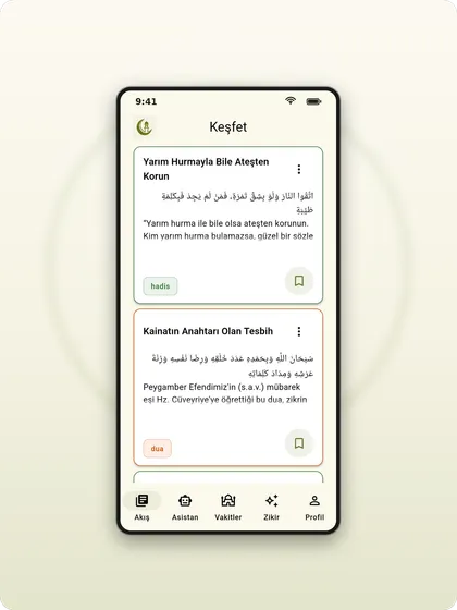Keşfet akışı: hadis ve dua kartları