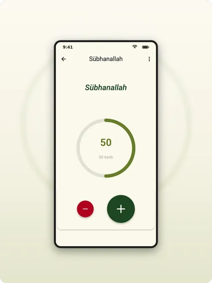 Zikirmatik ekranı: Sübhanallah zikrinde 50/100 ilerleme halkası